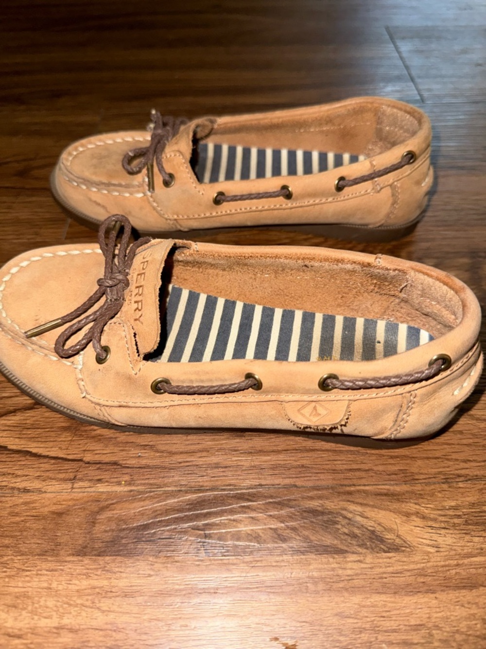 Sperry Kids Tan Suede Moccasin Boat Shoes with Striped Insole